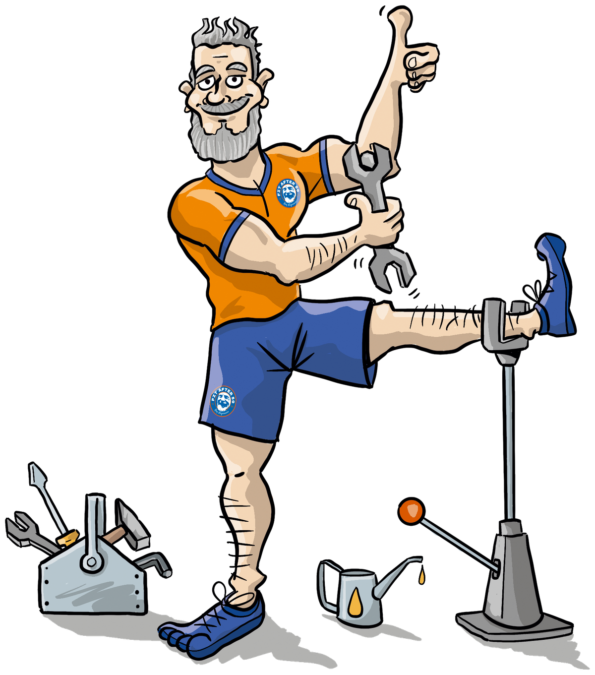 De Monoteur: een cartoon van een sportieve monteur met moersleutels, een gereedschapskist en een oliekannetje